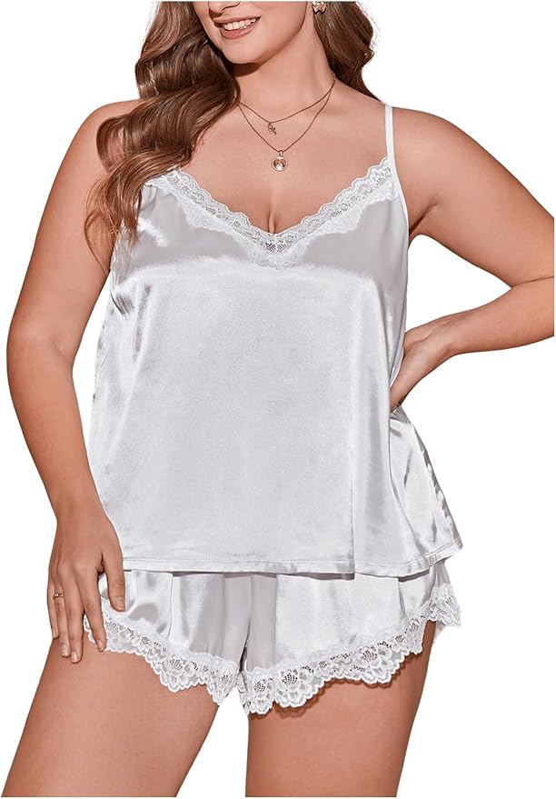 OYOANGLE Women's Plus Size 2 Piece Pajama Satin Lace Trim Cami Top and Shorts Sleepwear Set