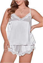 OYOANGLE Women's Plus Size 2 Piece Pajama Satin Lace Trim Cami Top and Shorts Sleepwear Set