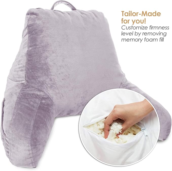 Clara Clark Reading Pillow for Kids & Teens with Shredded Memory Foam, Backrest Pillows for Reading, Watching, and Gaming, Use on Couch, Bed, or Floor, Adjustable Support, Washable Cover Grey Lavender