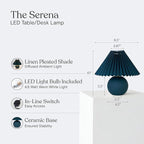 Brightech Serena LED Table Lamp - Small 10" Modern Ceramic Lamp with Pleated Shade for Bedside, Nightstand, Desk - Mini Night Light with Cozy Soft White Light for Living Room, Bedroom - Teal