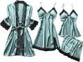 Women's 4pcs Silk Satin Pajamas Set Floral Lace Trim Dress with Robe Lounge Sleepwear Nightdress Novelty Loungewear