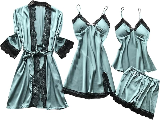 Women's 4pcs Silk Satin Pajamas Set Floral Lace Trim Dress with Robe Lounge Sleepwear Nightdress Novelty Loungewear
