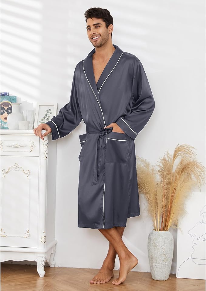 Vulcanodon Men’s Satin Robe Lightweight,Men's Luxurious Silk Kimono Bathrobe