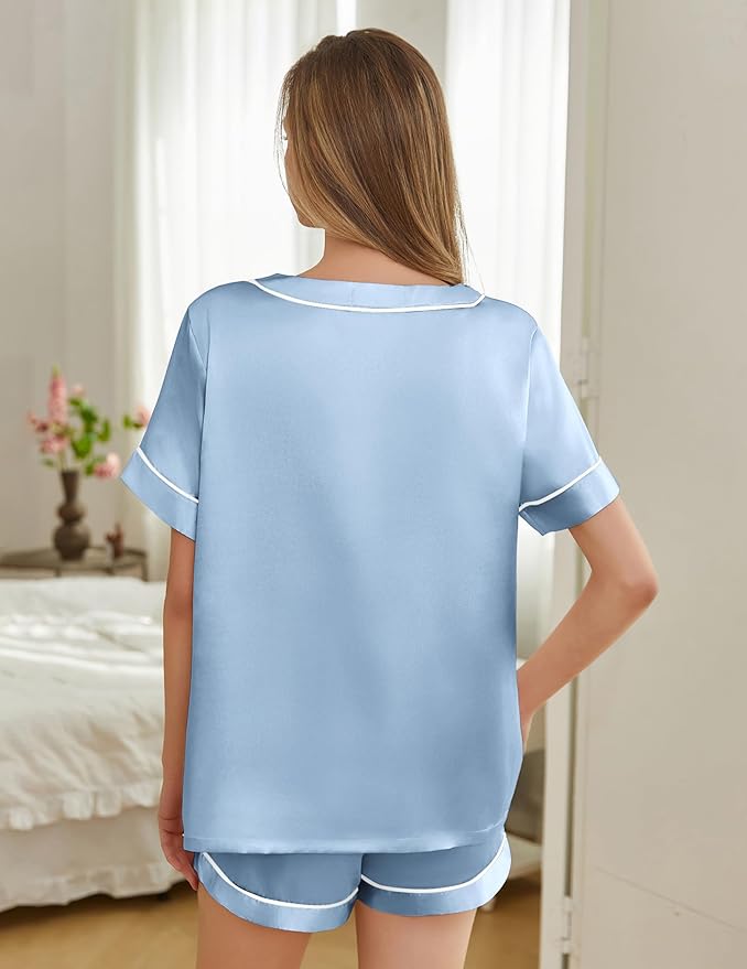 Silk Pajamas for Women Short Sleeve Satin 2 Piece Pj Set Soft V Neck Sleepwear Loungewear, S-XXL