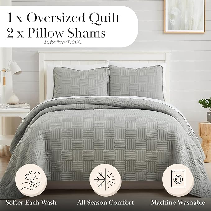 Southshore Fine Living, Inc. Oversized Quilt Bedding Set Lightweight, Prewash Fabric Soft Coverlet Twin Bedspread 2-Piece with One Matching sham (68 in Wide x 98 in Long), Twin/XL, Grid Grey