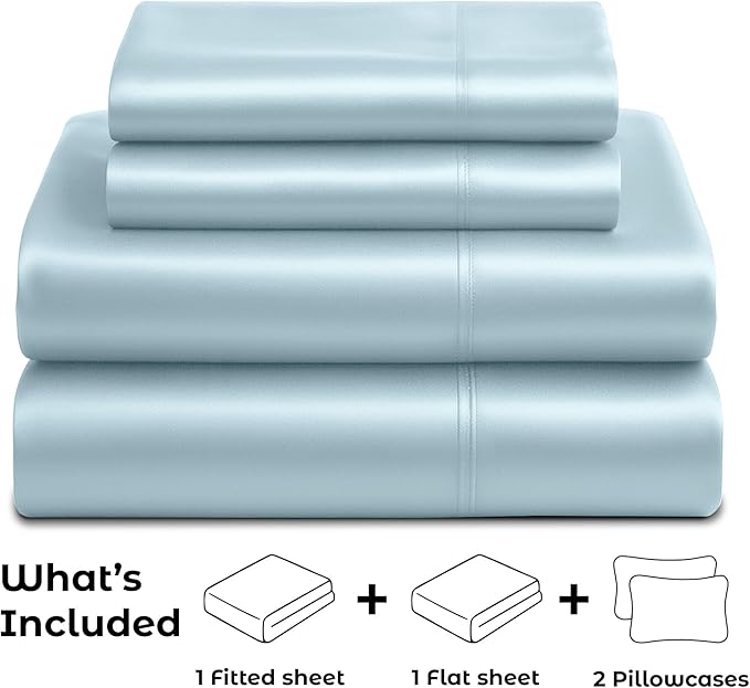 Satin Sheets Queen [4-Piece, Skyblue] Hotel Luxury Silky Bed Sheets - Extra Soft 1800 Microfiber Sheet Set, Wrinkle, Fade, Stain Resistant - Deep Pocket Fitted Sheet, Flat Sheet, Pillow Cases