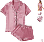 WJing Yi Jia 4Pcs Womens Satin Silky Pajama Sets Short Sleeve Shirt XS-4XL Floral Pajamas Set Soft PJ Loungewear Sleepwear