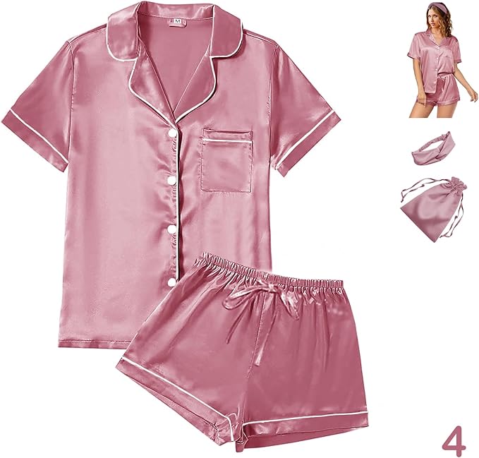 WJing Yi Jia 4Pcs Womens Satin Silky Pajama Sets Short Sleeve Shirt XS-4XL Floral Pajamas Set Soft PJ Loungewear Sleepwear