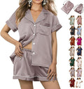 WJing Yi Jia Womens 3Pcs Floral Pajamas Sets Silk Satin Sleepwear XS~4XL Button Down Short Sleeve Shirt Pjs Loungewear
