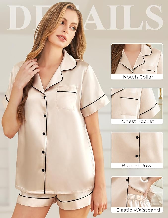 Silk Pajamas for Women Short Sleeve Sleepwear Soft Button Down Loungewear 2 Piece Satin Pjs Shorts Set S-XXL