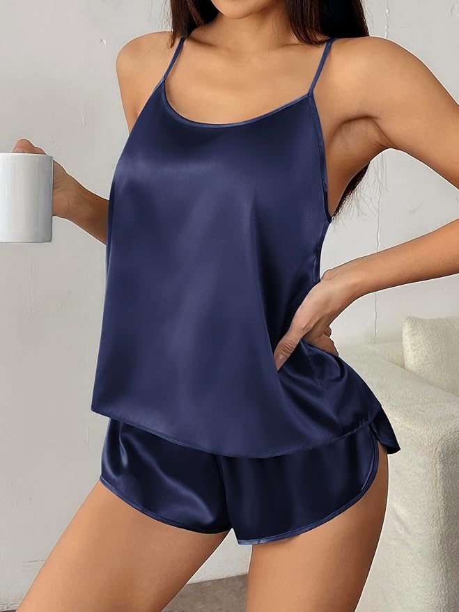 Ekouaer Silk Pajamas Set for Women Satin Backless Lingerie Pjs Cami Top and Shorts Nightwear