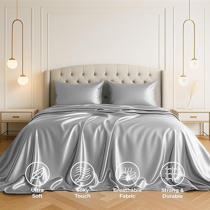 Satin Sheets California King [4-Piece, Grey] Luxury Silky Bed Sheets - Extra Soft 1800 Microfiber Sheet Set, Wrinkle, Fade, Stain Resistant - Deep Pocket Fitted Sheet, Flat Sheet, Pillow Cases