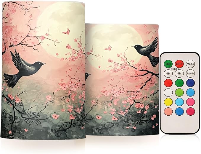 Peach Blossom Moon Bird Flameless Candles Battery Operated Color Changing LED Candles with Remote Control Timer Outdoor Indoor 2 Pack