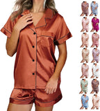 WJing Yi Jia Womens Silk Satin Pajamas Loungewear Two-Piece Sleepwear Button-Down Floral Pj Set XS-4XL