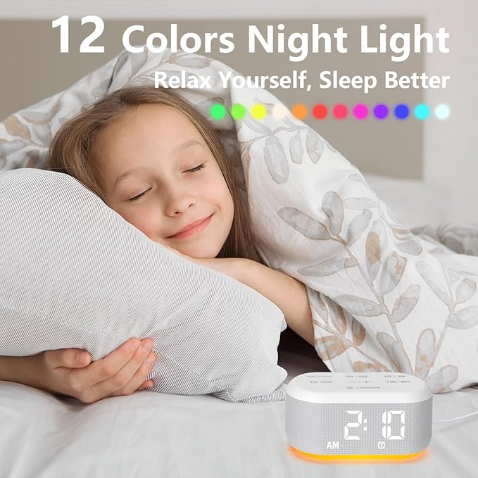 Small Digital Alarm Clock for Bedrooms Sound Machine with 30 Soothing Sound Plug in Desk Clock with Night Light Noise Machine Battery Backup 15 Wake up Sound Clock for Teen Kid Heavy Sleeper Snooze