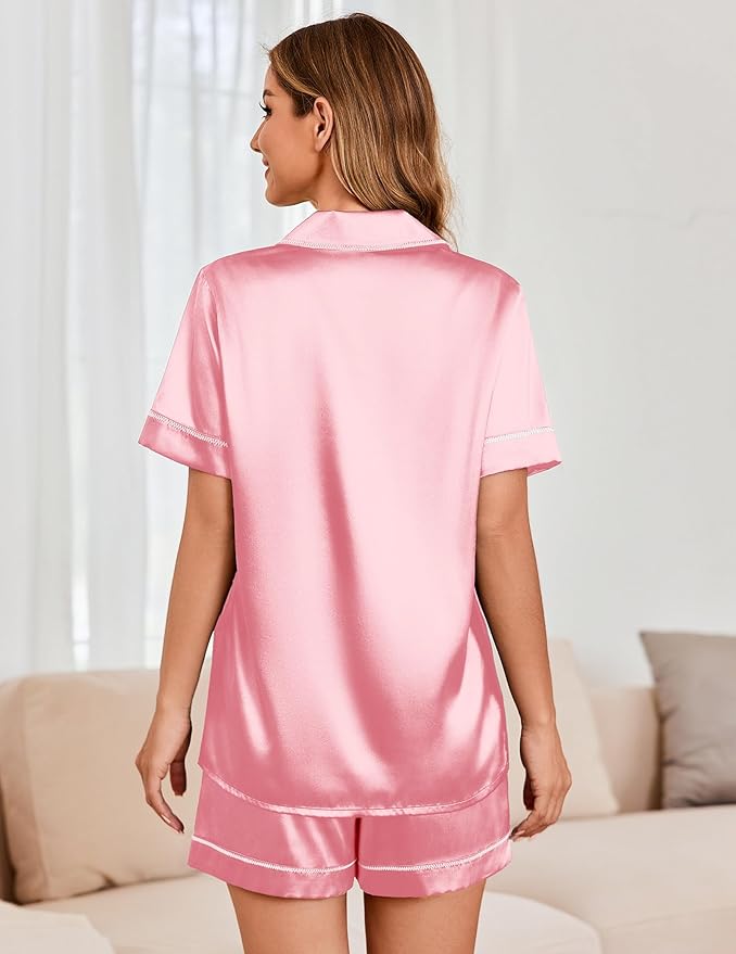 Ekouaer Womens Satin Silk Pajamas Set Short Sleeve Sleepwear Button Down Top and Shorts Loungewear 2 Piece Pjs Set S-XXL