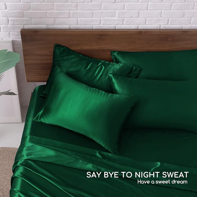 MR&HM Satin Bed Sheets, Queen Size Sheets Set, 6 Pcs Silky Bedding Set with 15 Inches Deep Pocket for Mattress (Queen, Dark Green)