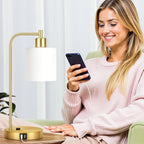 Set of 2 Industrial Touch Control Table Lamps with 2 USB Ports and AC Outlet - 3-Way Dimmable Gold Bedside Lamps Nightstand Desk Lamps for Bedroom Living Room, Opal Glass Shade & 2 LED Bulbs Included
