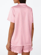 LILLUSORY Womens Satin Silk Pajamas Set 2 Piece Ruffle Pjs Winter Matching Lounge Sleepwear Button Down Striped Shirt Shorts