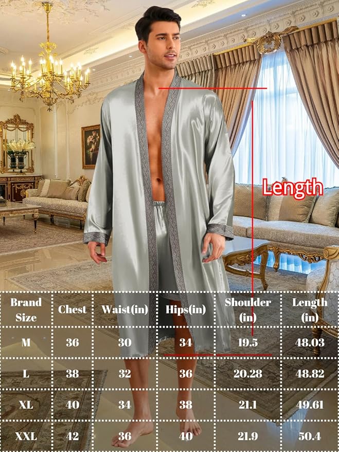 ChiaoLezhee Mens Satin Bath Robe with Shorts Set, Silk Paisley Kimono Lightweight, Soft Long Sleeve Sleepwear
