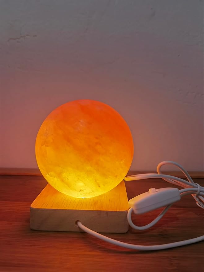 USB Colour Gradient Himalayan Salt lamp, Solid Wood Base Atmosphere Decoration Rotundity Salt lamp with Remote Control, Natural Crystal Stone Bedside Night Light, Handmade Crafts.