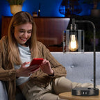 Industrial Touch Table Lamps Set of 2 - Rustic Black Bedside Lamps with 2 USB Ports & AC Outlet, 3-Way Dimmable Nightstand Desk Lamp for Bedroom Living Room Farmhouse, Glass Shade & LED Bulbs Included