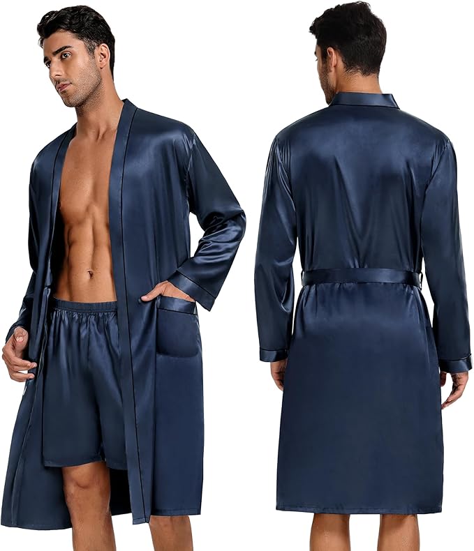 SWOMOG Mens 3 PCS Satin Robe with Pants & Shorts Set Kimono Bathrobe Long Sleeve Sleepwear Pjs Sets with Pockets