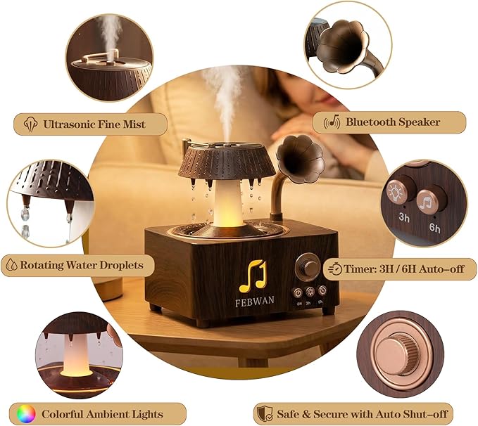 Rotating Water Droplet Aromatherapy Diffuser, Vintage Record Player Essential Oil Diffuser with Bluetooth Speaker, Ultrasonic Humidifier, Colorful Lights, Timer, Remote Control, 250ml, Gift
