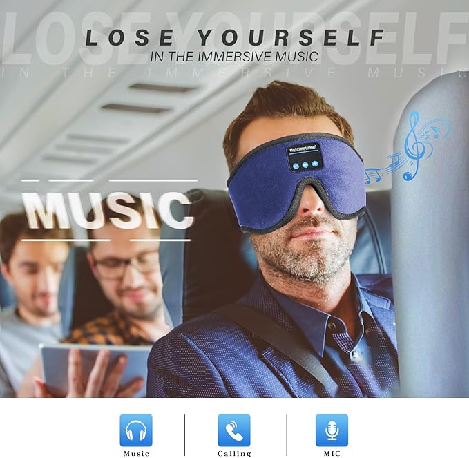 Sleep Headphones, 3D Bluetooth Sleep Mask, LIGHTIMETUNNEL Washable Sleeping Headphones with Ultra Thin Stereo Speakers Microphone Hands Free for Insomnia Travel Blue Color