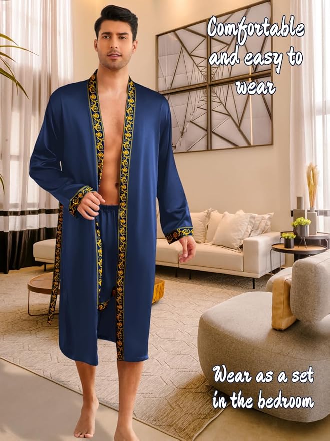 ChiaoLezhee Mens Satin Bath Robe with Shorts Set, Silk Paisley Kimono Lightweight, Soft Long Sleeve Sleepwear