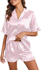 Ekouaer Satin Pajama Set for Women Button Down Silk 2 Piece Pj Sets Ruffle Short Sleeve Sleepwear