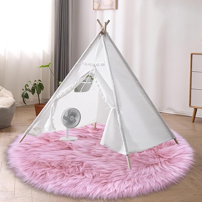 4 Ft Fluffy Round Pink Rugs for Bedroom Girls, Plush Faux Sheepskin Fur Rug for Living Room, Fluffy Circle Rug for Kids Room, Fuzzy Shag Circle Carpet for Teen Girls Baby Room Nursery Dorm
