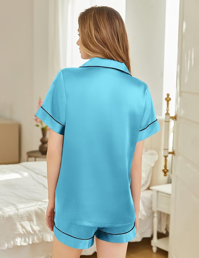 Silk Pajamas for Women Short Sleeve Sleepwear Soft Button Down Loungewear 2 Piece Satin Pjs Shorts Set S-XXL