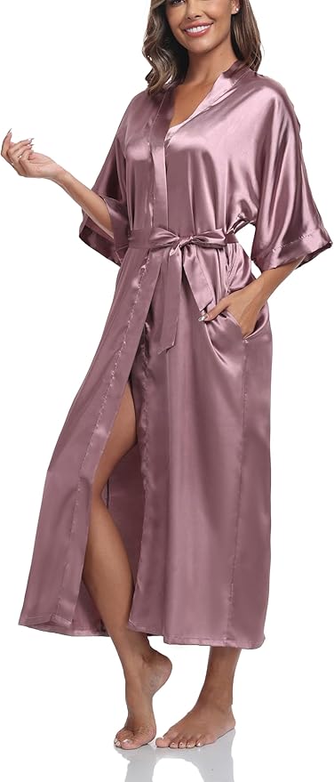 Women's Silk Robes Soft Long Satin Kimono Bathrobe Bride Bridesmaid Wedding Party Robes Sexy Sleepwear with Pockets