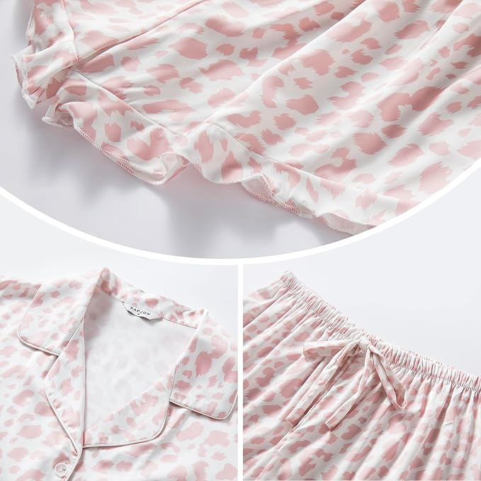 SAPJON Satin Silk Pajamas for Women 2Pcs Ruffle Notch Collar Sleepwear Button Down Short Sleeve Shorts Pjs Set Loungewear