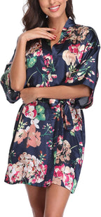 Women's Floral Satin Robes Bride Bridesmaid Getting Ready Robe Short Silky Kimono Sleepwear for Wedding Party