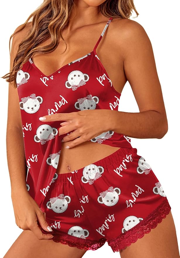 Ekouaer Satin Pajamas Women Lace Sleepwear Lingerie Cami Shorts Set Nightwear XS-XXL