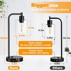 Set of 2 Industrial Touch Control Table Lamps with USB C+A Ports and AC Outlet - 3-Way Dimmable Black Bedside Lamps Nightstand Desk Lamps for Bedroom Living Room, Glass Shade & 2 LED Bulbs Included