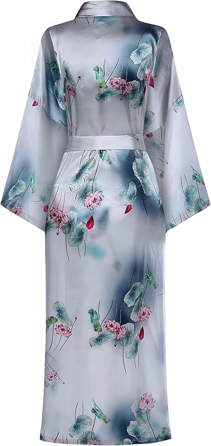Valennia Women Long Silky Bathrobe Satin Kimono Robe Floral Printed Dressing Gown Sleepwear