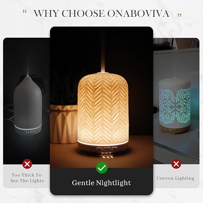 Onaboviva Essential Oil Diffuser - 2.4MHz Ultrasonic Ceramic Diffuser for Home, 120ml, Pulse&Continuous Mist, Bright/Dim/Breathing Lighting, Waterless Auto-Off, Aromatherapy Diffuser with USB Cable