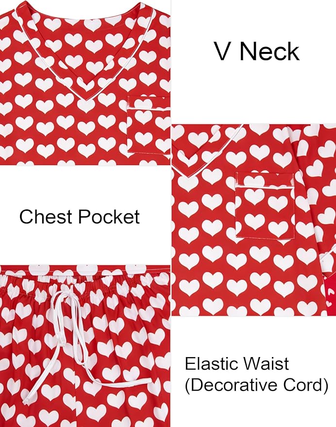 ASTANFY Valentines Day Pajamas Women 2 Piece Silk Valentine Pjs Cute Heart Pajamas V Neck Satin Sleepwear Loungewear Set