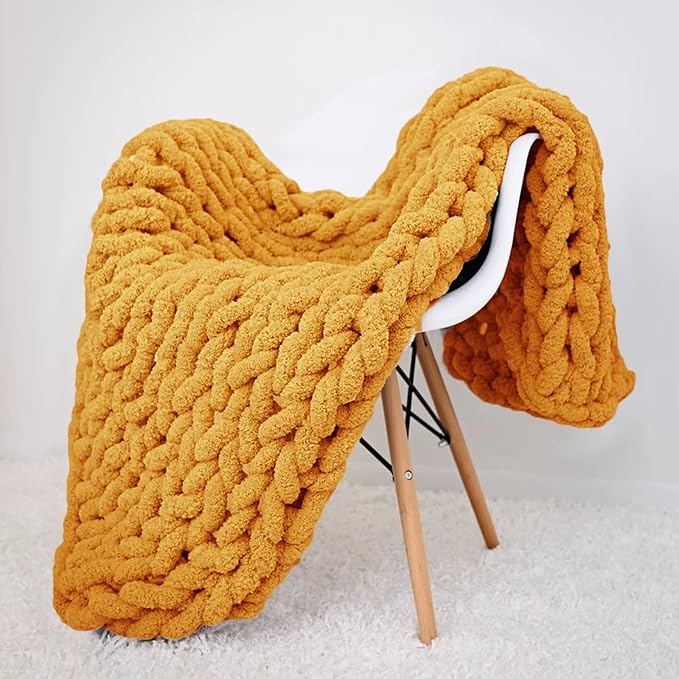 huraty Cozy Chunky Throw Blanket Full Size 50x60 Yellow Chenille Sofa Bed Throw Hand Knit Decorative Throw Warm Large Blanket