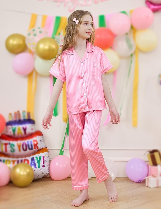 DIPUG 3 Piece Girls Silk Pajamas Set Soft Satin PJs Sleepwear for Comfortable Nights