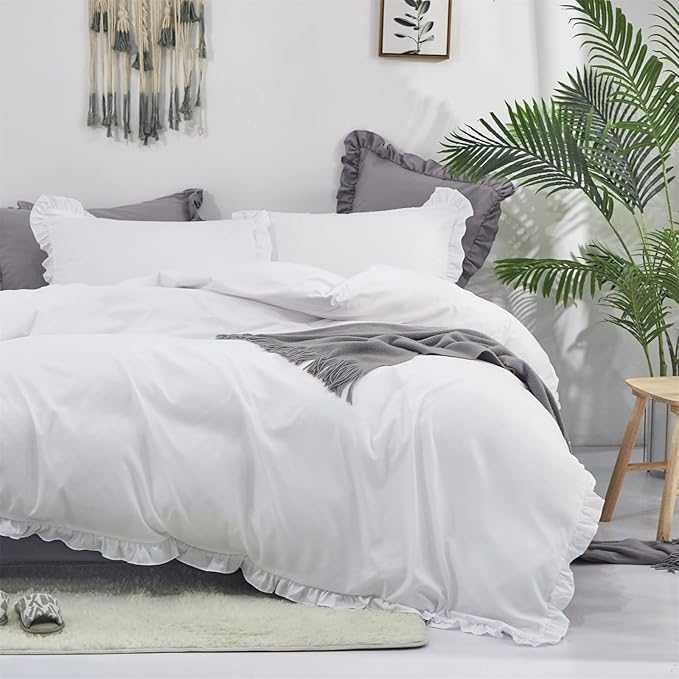 Cottonight Ruffle White Comforter Set California King Farmhouse Shabby Bedding Comforter Set Ruffled Friange White Blanket Quilts Soft Breathable Bedding Set for Cal King Bed