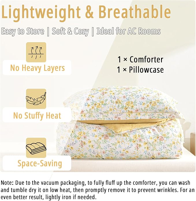 ALEISSEL Natural Cotton 2pcs Floral Comforter Sets Twin Size-Yellow Comforter with Pink & Yellow Flowers and Blue & Green Leaves on White, Reversible Lightweight Bedding Sets(Twin 68"×90")