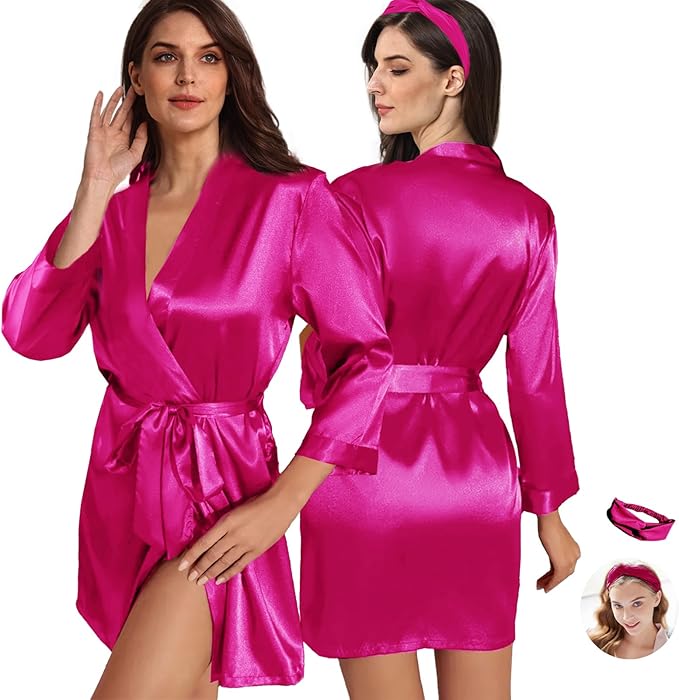 WJing Yi Jia 2Pcs Womens Floral Kimono Robe Silk Robes Bride Bridesmaid Satin Robes Bridal Dressing Gown Silky Bathrobe