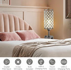 Hong-in Gray Crystal Lamp Touch Control Set of 2, Crystal Table Lamps with USB C+A Ports & AC Outlet, 3-Way Dimmable Nightstand Touch Lamp, Modern Bedside Table Lamp for Bedroom(Bulbs Included)