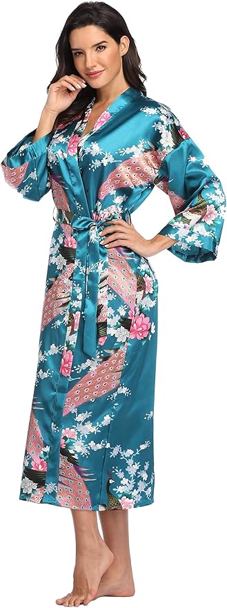 Valennia Women Long Silky Bathrobe Satin Kimono Robe Floral Printed Dressing Gown Sleepwear