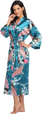 Valennia Women Long Silky Bathrobe Satin Kimono Robe Floral Printed Dressing Gown Sleepwear