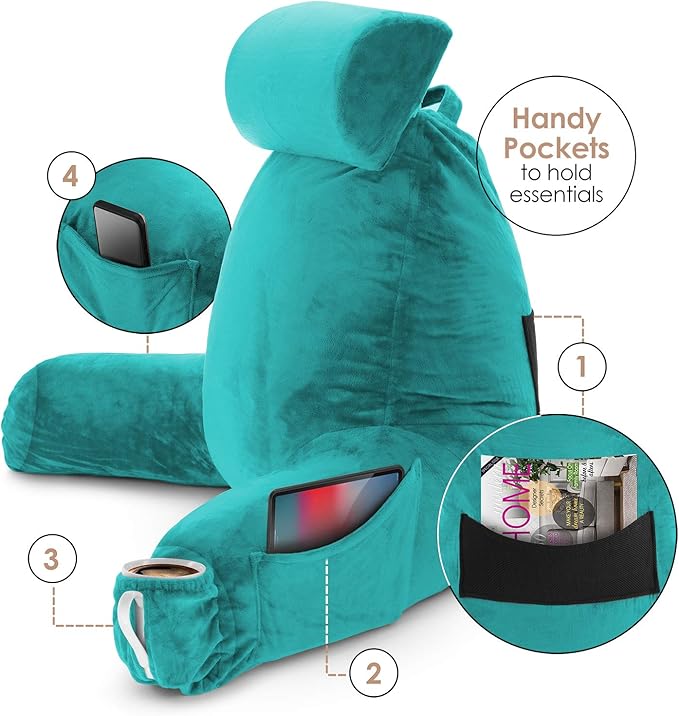 Clara Clark Reading Pillow with Shredded Memory Foam Includes 2 Neck and Lumber Support Pillows, Designed for Sitting Up in Bed and Couch, Back and Arms Adjustable Support for Adults & Teens, Teal